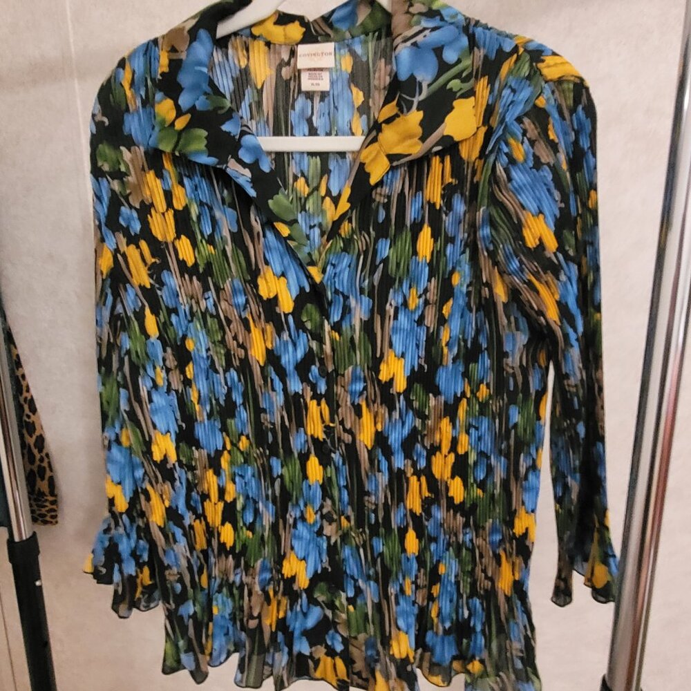Blue Yellow Black Pleated Ruffled Womens Blouse Covington XL